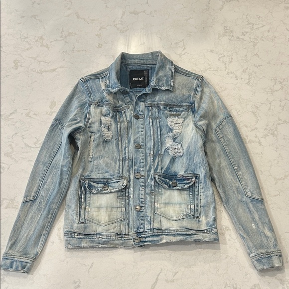 Preme Light Blue Distressed Whitewash Denim Jean Button Down Men’s Jacket Medium - Picture 8 of 16